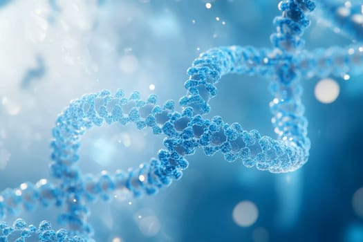 A close up of a DNA strand with a blue background. The image is abstract and has a moody atmosphere..
