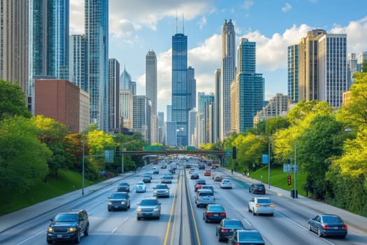A dynamic view of city traffic with skyscrapers in the background. Lush greenery lines the roadside under a blue sky filled with clouds.