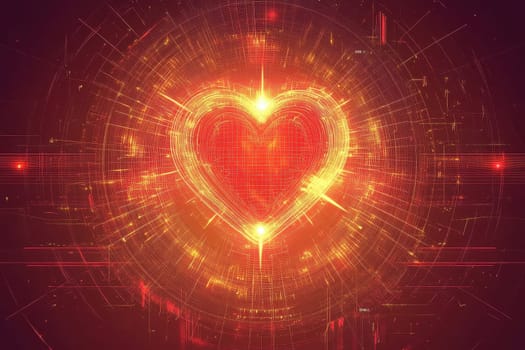 This stunning digital artwork features a glowing heart shape surrounded by radiant energy, creating a vibrant and modern visual experience, perfect for themes of love and technology.