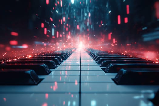 Piano keys in the form of a road surrounded by bokeh lights.