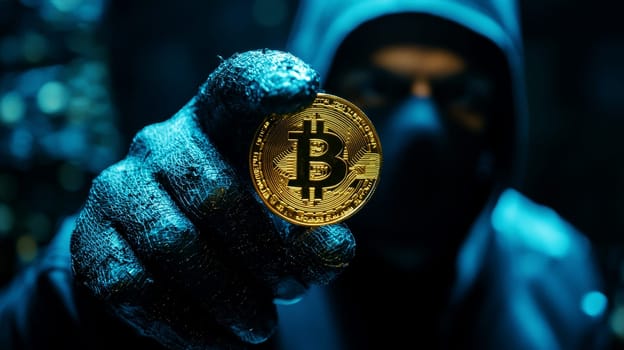 A man holding a bitcoin coin in his hands, a man dressed wearing a black ski mask..