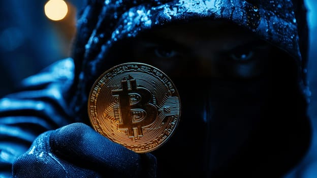 A man holding a bitcoin coin in his hands, a man dressed wearing a black ski mask..