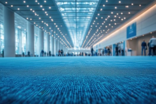 Large exhibition hall blue carpeted floor high ceiling Abstract blur people..