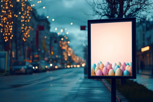 Easter egg. Happy Easter background billboard for mockup design with message, frame, and Easter eggs scene design. Facing away from view design..
