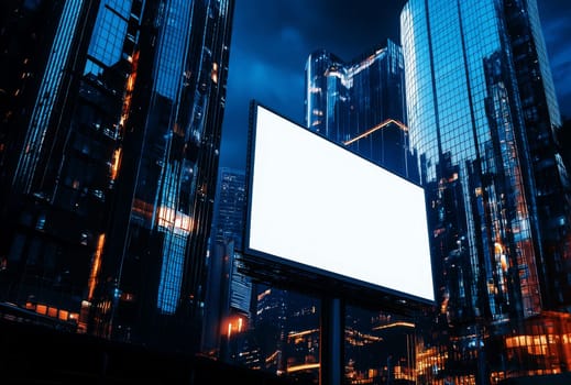Large blank billboard middle city night is illuminated horizontal advertising..