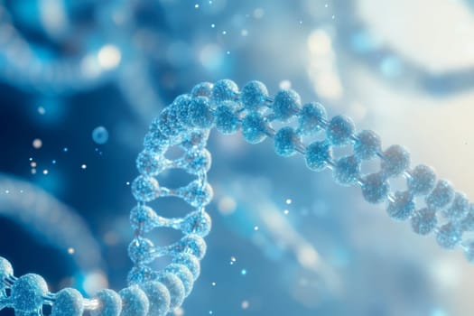 A close up of a DNA strand with a blue background. The image is abstract and has a moody atmosphere..