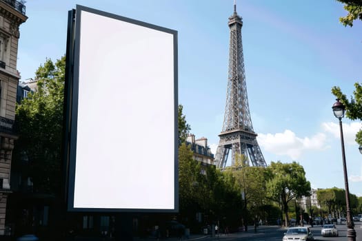 Empty Vertical space advertisement billboard in city street in paris. The billboard is empty, but it is surrounded by cars and pedestrians. The scene is bustling and lively..