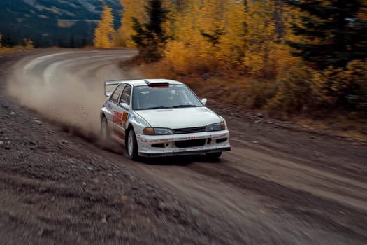 Rally car riding on high speed at the dirt track. Generative art..