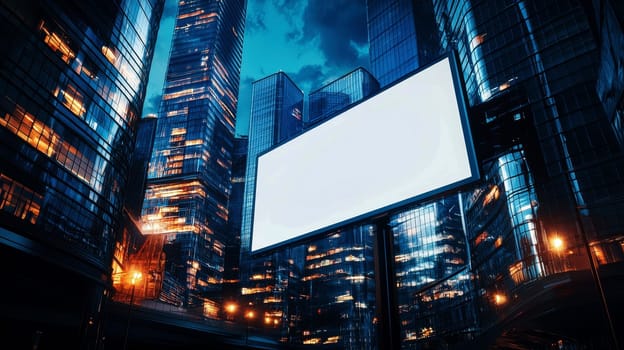 Large blank billboard middle city night is illuminated horizontal advertising..