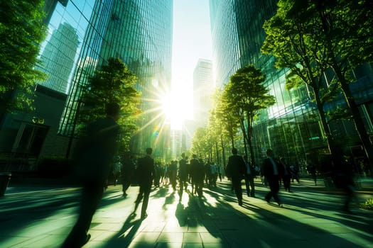 The concept of sustainability in business centers, crowds of business people walking at a corporate office in a green city downtown, abstract motion blur image with blurred background..