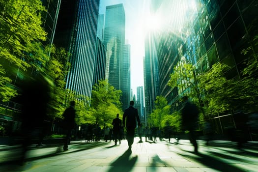 The concept of sustainability in business centers, crowds of business people walking at a corporate office in a green city downtown, abstract motion blur image with blurred background..
