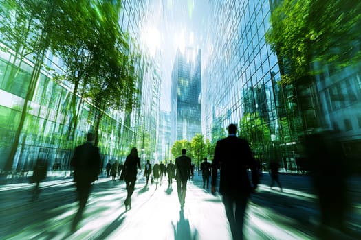 The concept of sustainability in business centers, crowds of business people walking at a corporate office in a green city downtown, abstract motion blur image with blurred background..