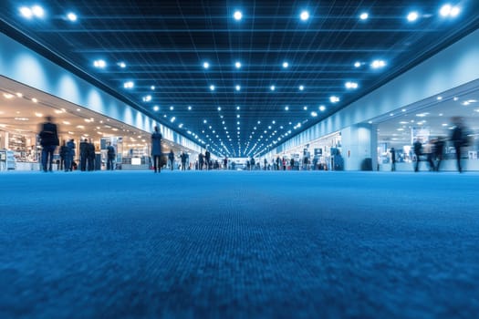 Large exhibition hall blue carpeted floor high ceiling Abstract blur people..