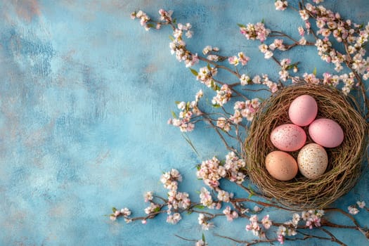 Colorful Easter eggs in basket on green grass, above view. Space for text.