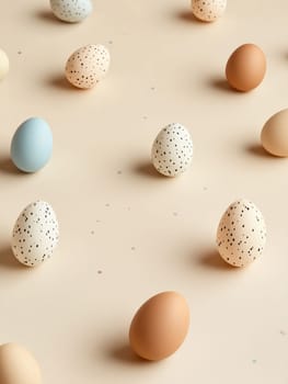Pastel Easter eggs on light beige background with scattered speckles for spring decoration.