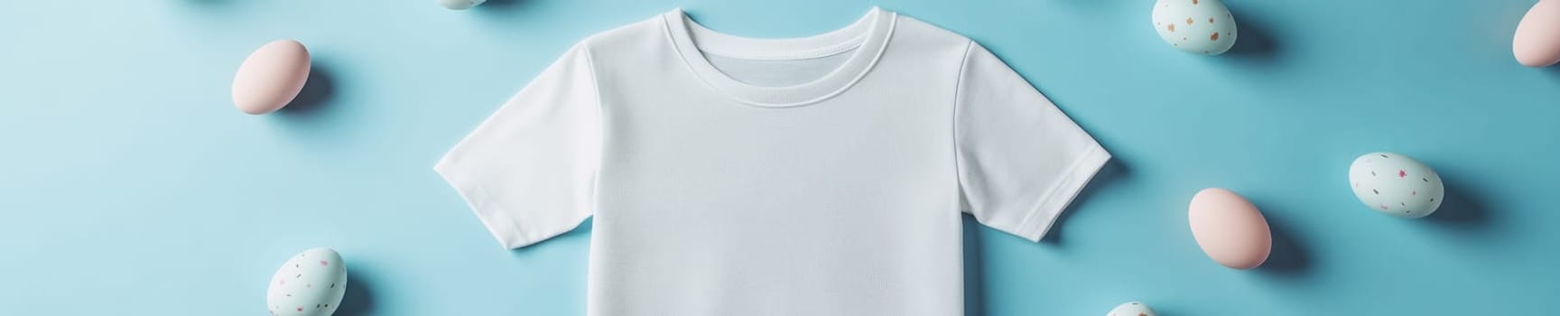 Light blue background with T shirt mock up and decorative Easter eggs for design.