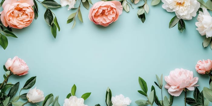 Elegant floral composition with pastel blooms on light blue background for artistic design.