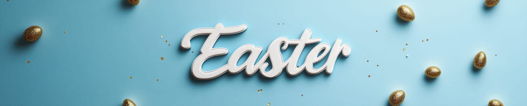 Hand lettered Easter design on light blue background with golden accents for holiday greeting cards.