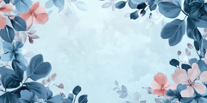 Elegant floral frame on light blue background for spring and summer designs.
