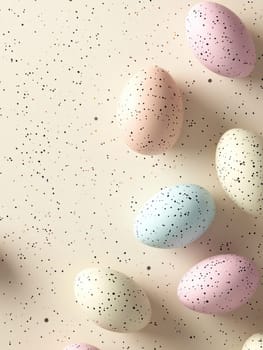 Pastel colored Easter eggs on light beige background for festive and springtime design.