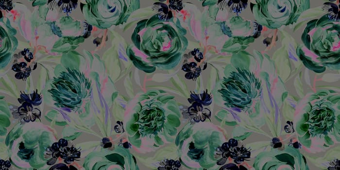 Seamless spring pattern drawn in gouache with dark peonies for trxtile