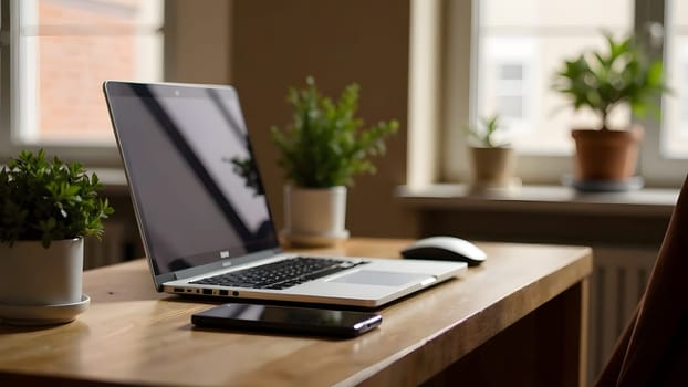 An open laptop in Mocha Mousse tones, placed on the right for a modern and minimalist workspace
