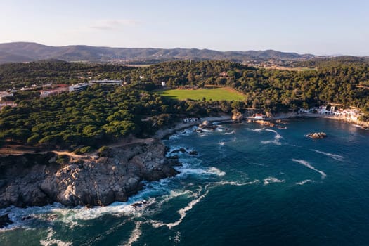 aerial view of a beautiful wild coastline with pine forests reaching to the sea, concept of nature and seafaring lifestyle