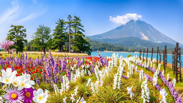 The Fuji Mountain and flowers Field in Summer