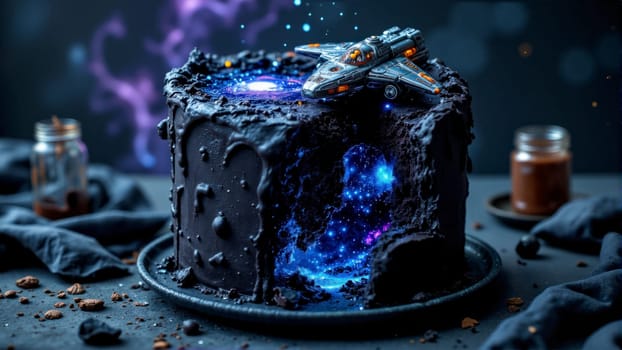 A black cake with a spaceship on top of it. The cake is cut in half and the spaceship is missing. The cake is on a black plate and there are two jars on the table