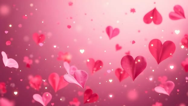 A serene photo capturing rose petals falling and swirling gently through the air, with soft glowing heart accents on a smooth pink gradient background. High quality photo