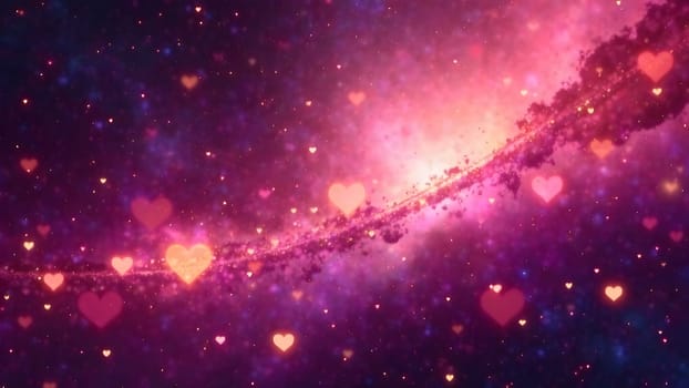 A mesmerizing photo of glowing hearts and stars set against a swirling cosmic nebula, with shades of pink, purple, and gold for a celestial, romantic atmosphere. High quality photo