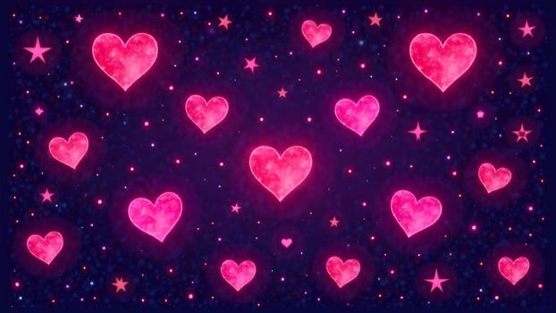 A photo featuring glowing hearts, stars, and small galaxies arranged symmetrically against a rich, dark cosmic background in shades of pink, purple, and white. High quality photo