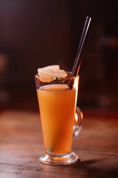 Beautiful photo of cocktail food. A bright juicy cocktail is on the table in the restaurant. Professional food photography.