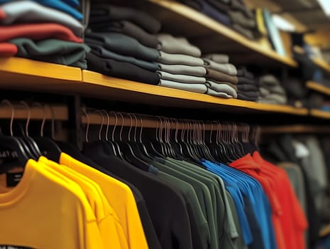A neatly arranged clothing store featuring colorful t-shirts on hangers and folded garments on wooden shelves. The organized display highlights fashion, retail, and shopping experiences.