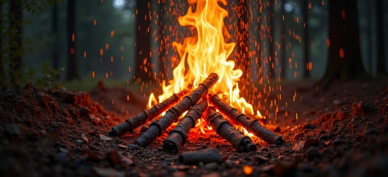 A fire is burning in a pile of wood. The fire is orange and the smoke is rising. The scene is dark and moody