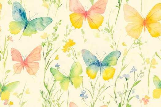 Seamless pattern of natural design with bright butterflies among delicate greenery of spring meadow with wild flowers. AI generated.