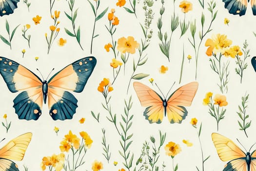 Seamless pattern of natural design with bright butterflies among delicate greenery of spring meadow with wild flowers. AI generated.