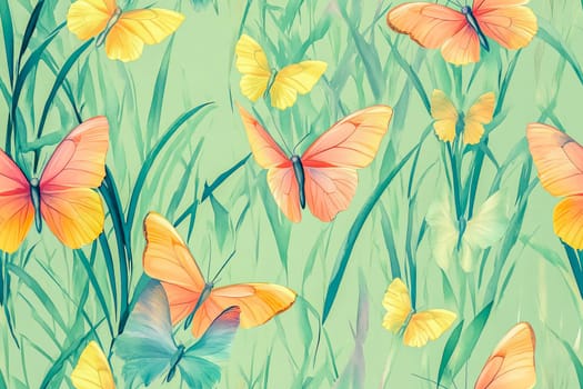 Seamless pattern of natural design with bright butterflies among delicate greenery of spring meadow with wild flowers. AI generated.