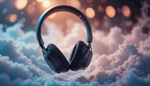 A pair of headphones is suspended in the air, floating above a cloudy sky. Concept of freedom and escape, as if the headphones are a symbol of the listener's ability to tune out the world