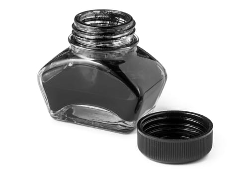 Elevated closeup view of an open inkwell with screw cap next to it isolated on white with light shadows monochrome.