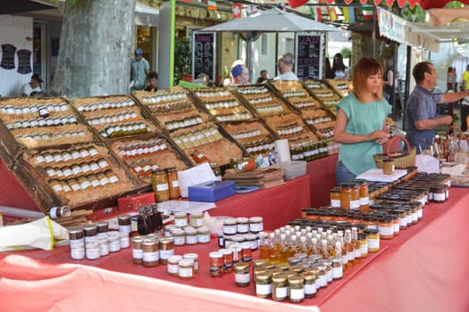BEDOIN, FRANCE - AUGUST 1, 2016: French pasteurized and canned foods at the market at Provence
