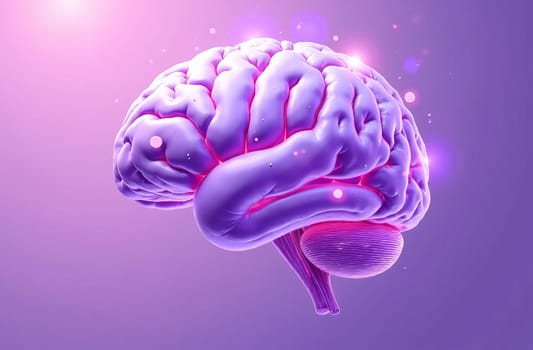 Visualization of the structure and shape of the human brain in shades of purple. Anatomical features and aesthetic appeal of the most complex organ. AI generated.