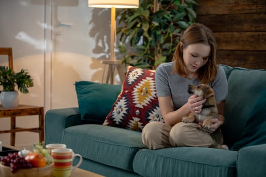 A tranquil indoor atmosphere showcases a woman enjoying quality time with her beloved dog on a teal couch