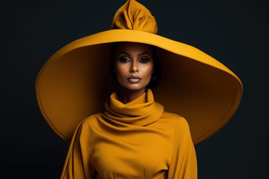 Portrait of a chic African-American woman in a stylish yellow dress and a huge yellow hat. High quality photo