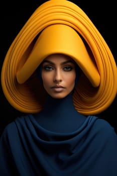 Portrait of a chic African-American woman in a stylish blue dress and a huge yellow hat. High quality photo