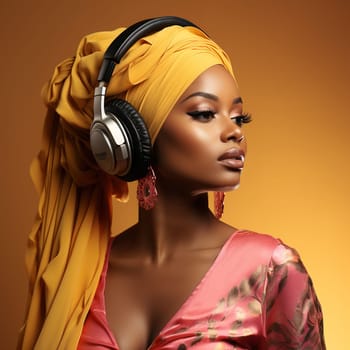 Beautiful African-American woman in a turban and headphones listening to music. High quality photo