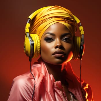 Beautiful African-American woman in a turban and headphones listening to music. High quality photo