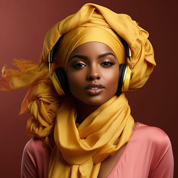 Beautiful African-American woman in a turban and headphones listening to music. High quality photo