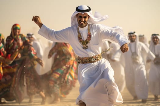 Traditional Emirati male dance Al Ayalah at Al Hosn festival. Emirates. High quality photo