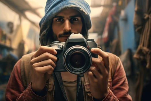 Arab man with a camera takes pictures on the street. High quality photo